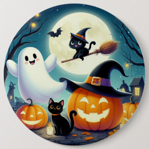 Cute, whimsical Halloween pumpkin, cat, & ghost Button