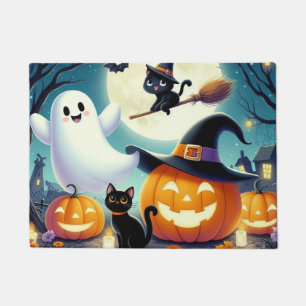 Cute, whimsical Halloween pumpkin, cat, & ghost Doormat