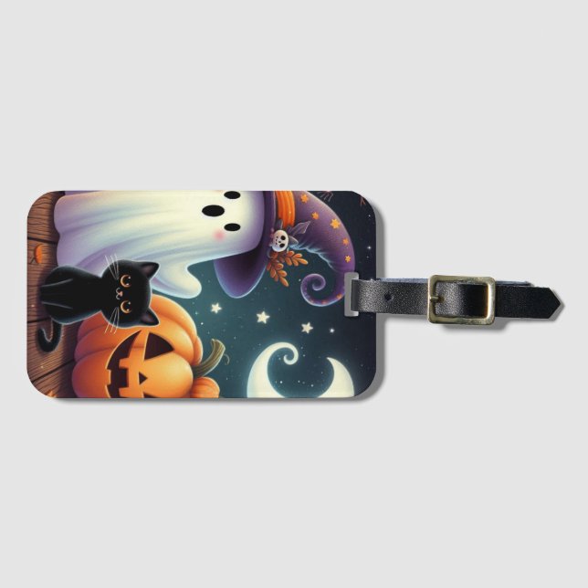 Cute, whimsical Halloween pumpkin, cat, & ghost Luggage Tag (Front Horizontal)