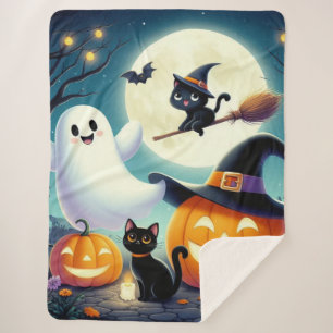 Cute, whimsical Halloween pumpkin, cat, & ghost Sherpa Blanket