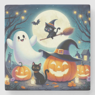 Cute, whimsical Halloween pumpkin, cat, & ghost Stone Coaster