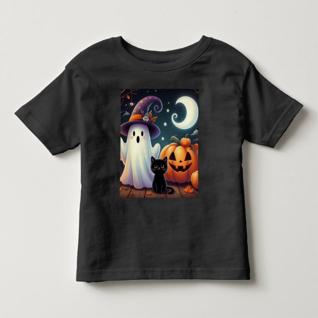 Cute, whimsical Halloween pumpkin, cat, & ghost Toddler T-shirt (Front)