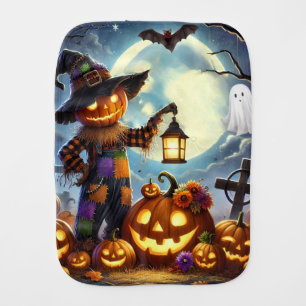 Cute, Whimsical Halloween scarecrow & pumpkins Baby Burp Cloth