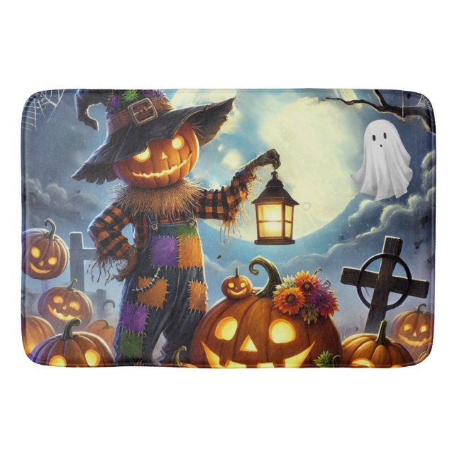 Cute, Whimsical Halloween scarecrow & pumpkins Bath Mat (Front)