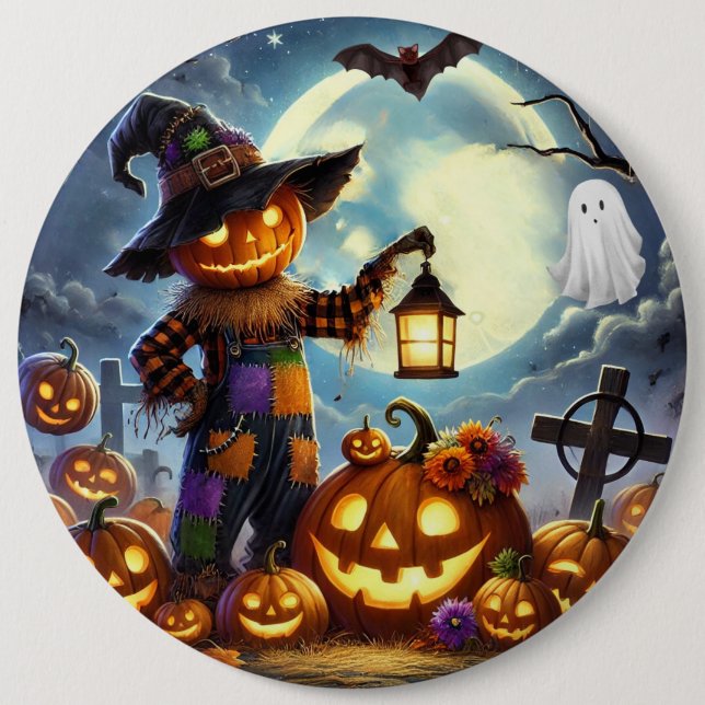 Cute, Whimsical Halloween scarecrow & pumpkins Button (Front)