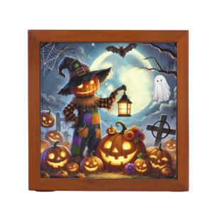 Cute, Whimsical Halloween scarecrow & pumpkins Desk Organizer
