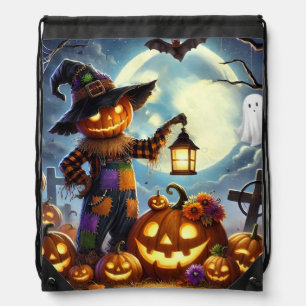 Cute, Whimsical Halloween scarecrow & pumpkins Drawstring Bag