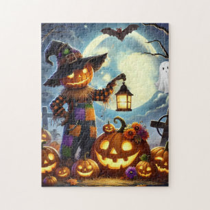 Cute, Whimsical Halloween scarecrow & pumpkins Jigsaw Puzzle