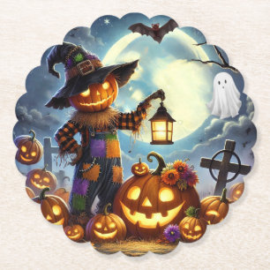 Cute, Whimsical Halloween scarecrow & pumpkins Paper Coaster