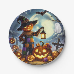 Cute, Whimsical Halloween scarecrow & pumpkins Paper Plates