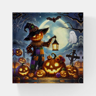 Cute, Whimsical Halloween scarecrow & pumpkins Paperweight