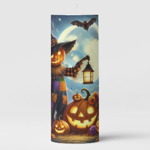 Cute, Whimsical Halloween scarecrow & pumpkins Pillar Candle