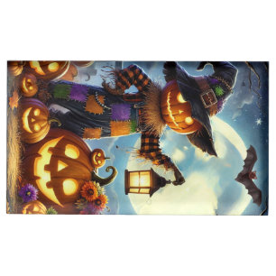 Cute, Whimsical Halloween scarecrow & pumpkins Place Card Holder