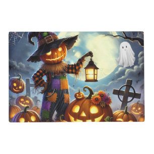 Cute, Whimsical Halloween scarecrow & pumpkins Placemat