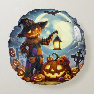 Cute, Whimsical Halloween scarecrow & pumpkins Round Pillow