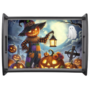 Cute, Whimsical Halloween scarecrow & pumpkins Serving Tray