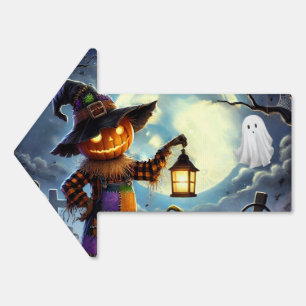 Cute, Whimsical Halloween scarecrow & pumpkins Sign