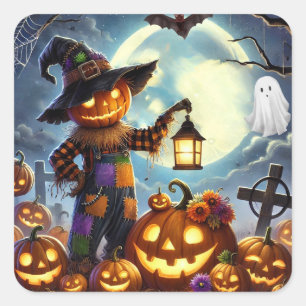 Cute, Whimsical Halloween scarecrow & pumpkins Square Sticker