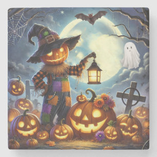 Cute, Whimsical Halloween scarecrow & pumpkins Stone Coaster