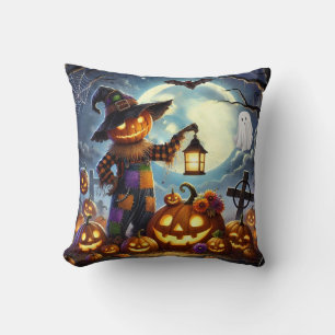 Cute, Whimsical Halloween scarecrow & pumpkins Throw Pillow