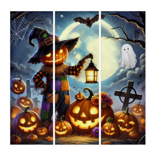 Cute, Whimsical Halloween scarecrow & pumpkins Triptych