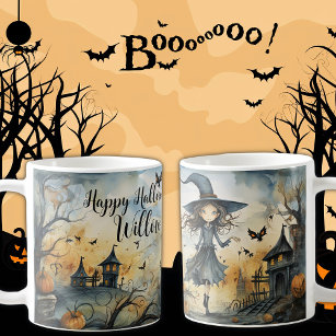 Cute Whimsical Halloween Witch, Personalized Name Coffee Mug