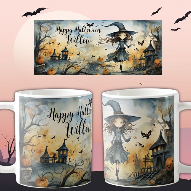 Cute Whimsical Halloween Witch, Personalized Name Coffee Mug (Creator Uploaded)