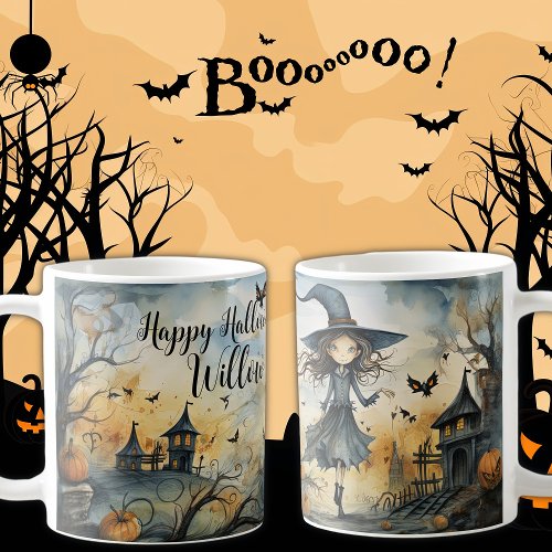 Cute Whimsical Halloween Witch Personalized Name Coffee Mug