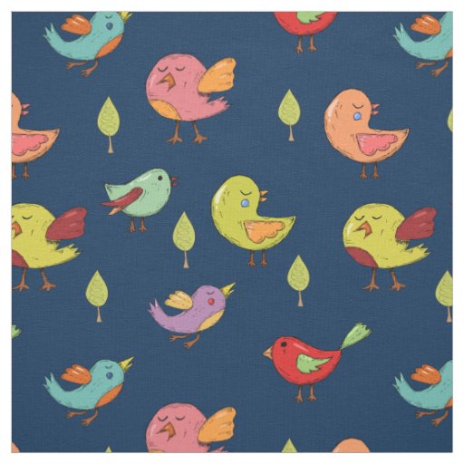 Cute Whimsical Hand-Drawn Birds Pattern Fabric