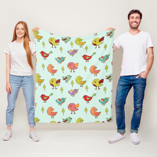 Cute Whimsical Hand-Drawn Birds Pattern Fleece Blanket (In Situ)