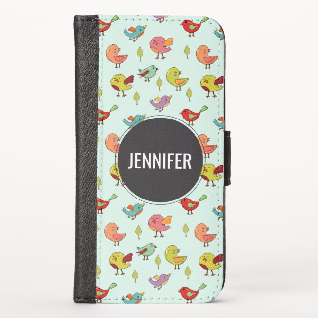 Cute Whimsical Hand-Drawn Birds Pattern iPhone Wallet Case (Front)