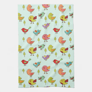 Cute Whimsical Hand-Drawn Birds Pattern Kitchen Towel