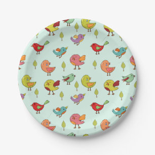Cute Whimsical Hand-Drawn Birds Pattern Paper Plates