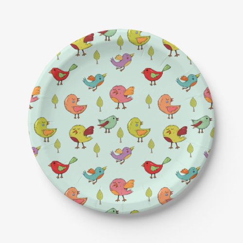 Cute Whimsical Hand_Drawn Birds Pattern Paper Plates