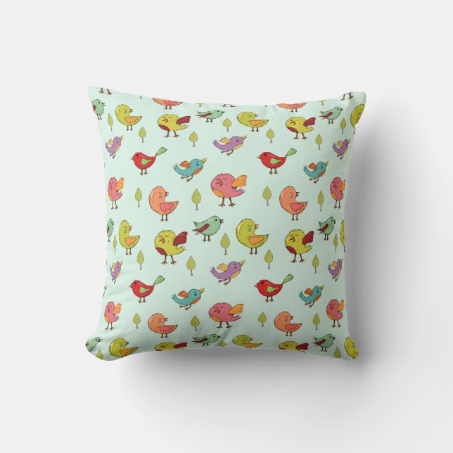 Cute Whimsical Hand-Drawn Birds Pattern Throw Pillow (Front)
