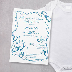 Cute Whimsical Hand Drawn Blue Baby Shower Invitation