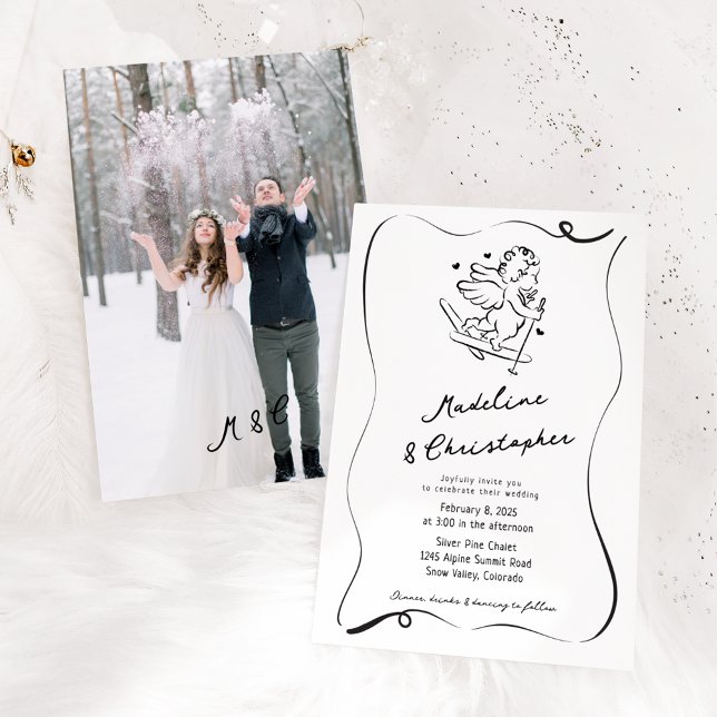Cute Whimsical Hand Drawn Cupid Ski Photo Wedding Invitation (Creator Uploaded)