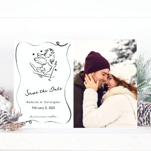 Cute Whimsical Hand Drawn Cupid Ski Winter Wedding Save The Date