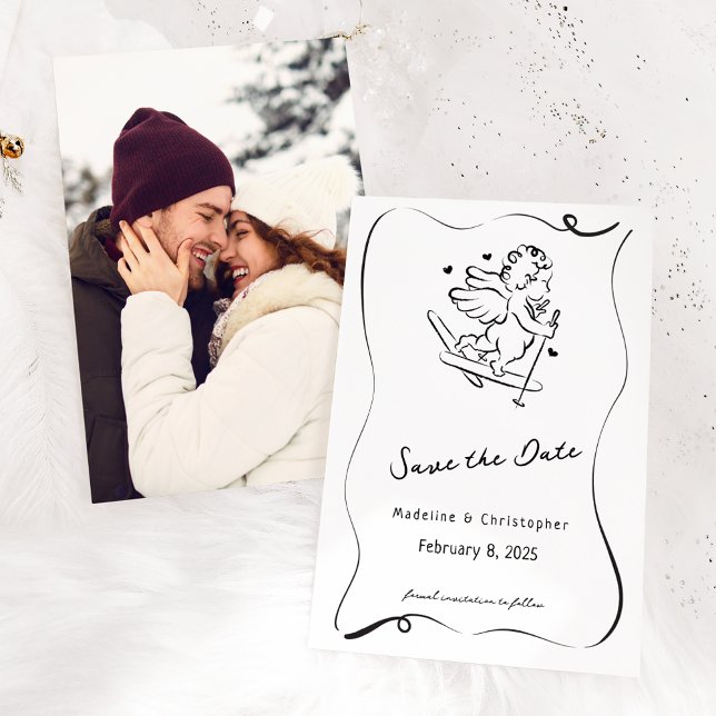 Cute Whimsical Hand Drawn Cupid Ski Winter Wedding Save The Date (Creator Uploaded)