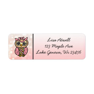Cute Whimsical Hand Drawn Pink Owl Label