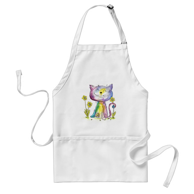 Cute Whimsical Happy Cat with Yellow Flower Adult Apron (Front)
