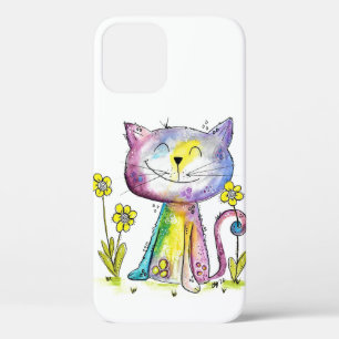Cute Whimsical Happy Cat with Yellow Flower iPhone 12 Case