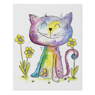 Cute Whimsical Happy Cat with Yellow Flower Faux Canvas Print
