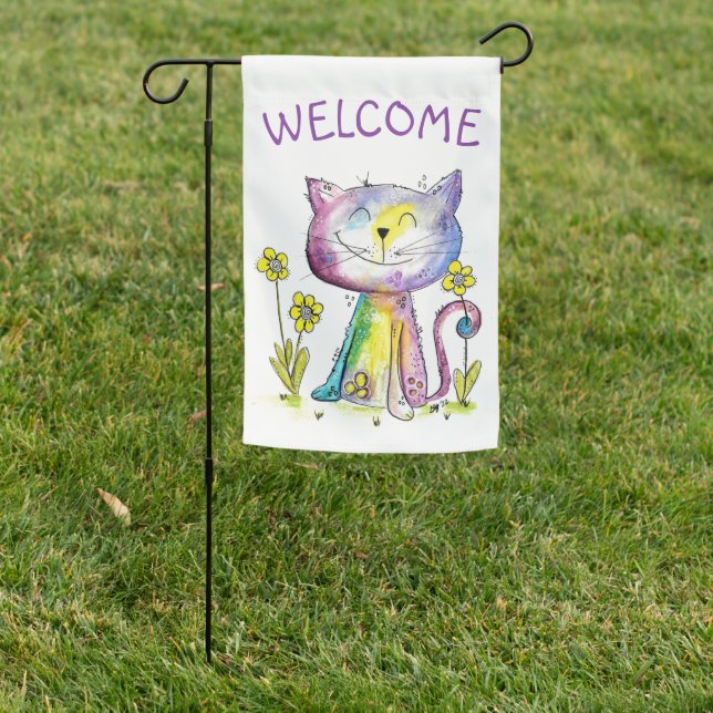 Cute Whimsical Happy Cat with Yellow Flower Garden Flag (In SItu)