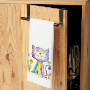 Cute Whimsical Happy Cat with Yellow Flower Kitchen Towel