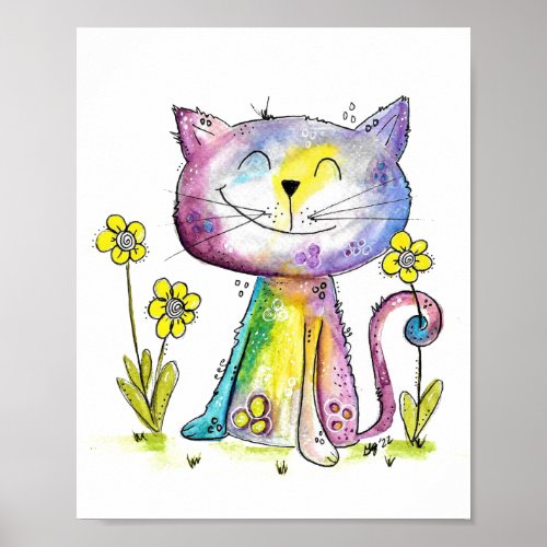 Cute Whimsical Happy Cat with Yellow Flower Poster