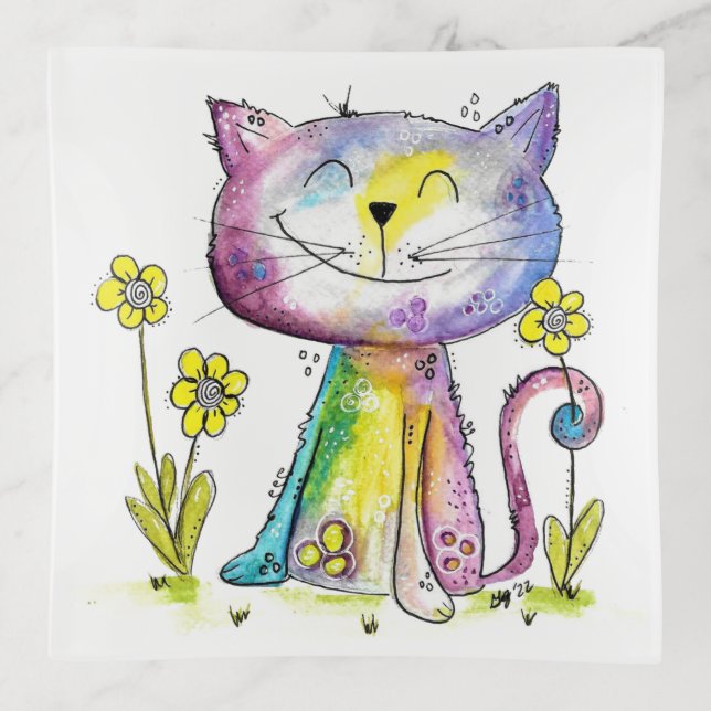 Cute Whimsical Happy Cat with Yellow Flower Trinket Tray (Front)