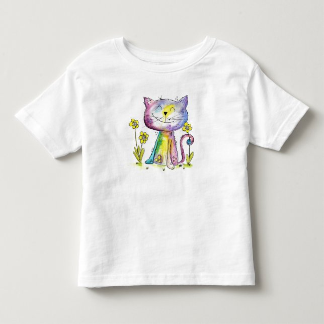 Cute Whimsical Happy Cat with Yellow Flowers Toddler T-shirt (Front)