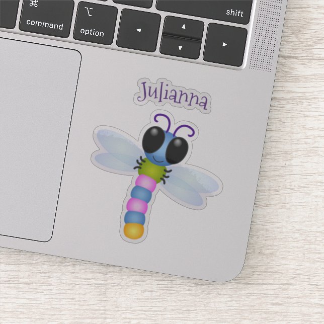 Cute whimsical happy dragonfly cartoon sticker (Detail)