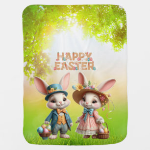 Cute, Whimsical Happy Easter with 2 rabbits Baby Blanket